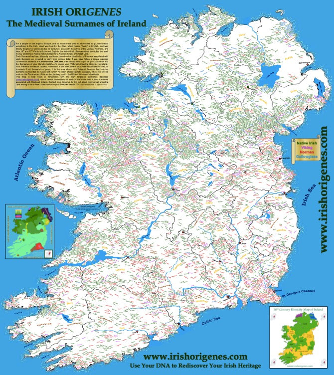 IrishOrigenes.com Medieval Surnames of Ireland Poster Map