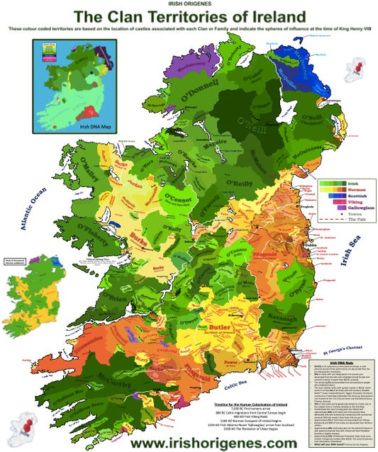 IrishOrigenes.com Clan Territories of Ireland poster map - New Edition!