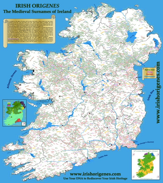 IrishOrigenes.com Medieval Surnames of Ireland Poster Map