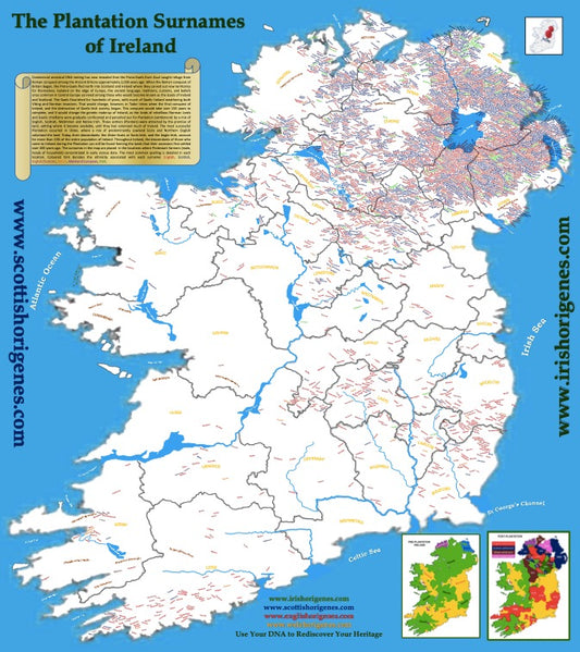 IrishOrigenes.com Scottish-Irish Plantation Surnames of Ireland Map/Poster Large Format, High Resolution Print